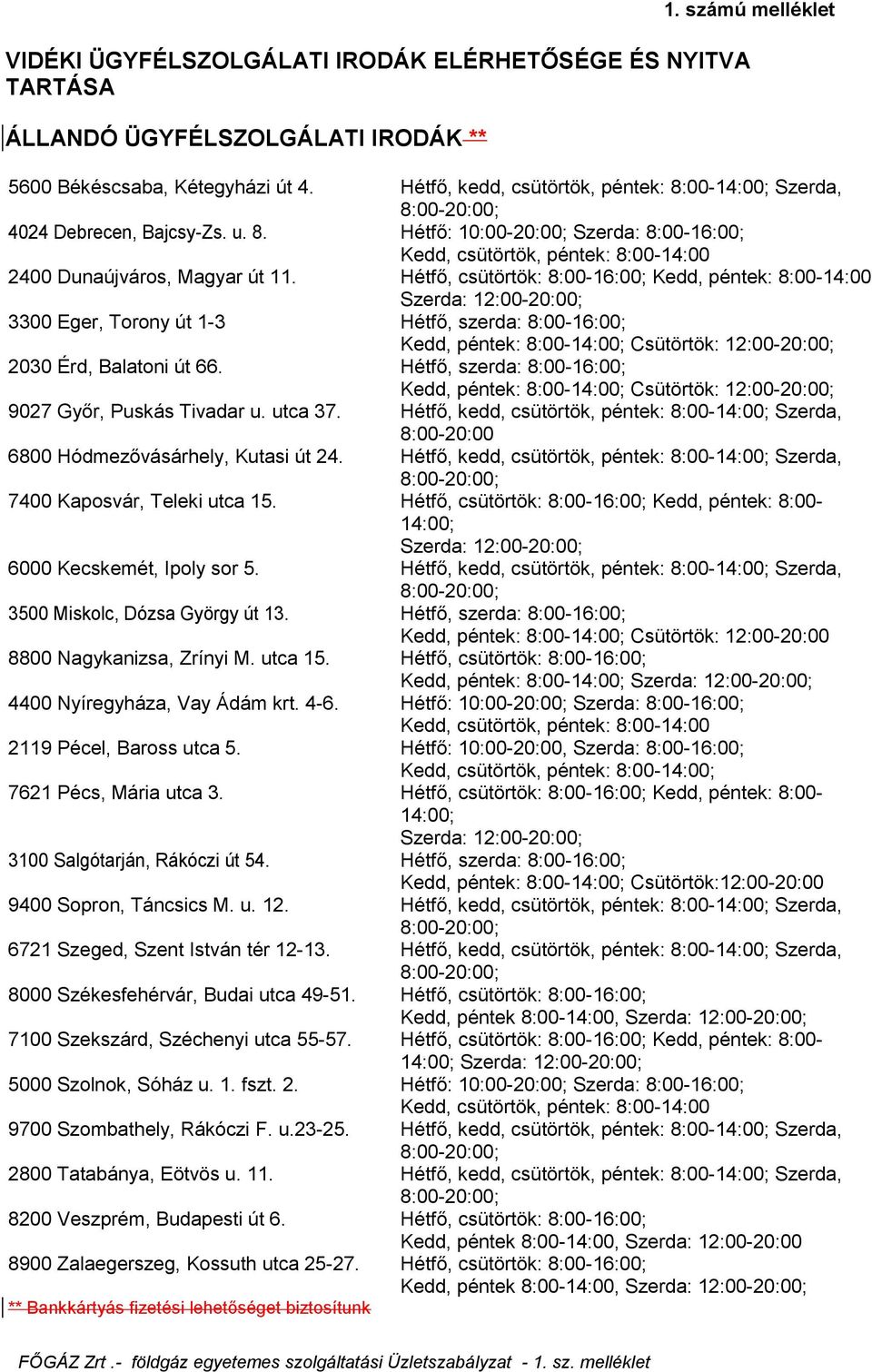 Hétfő, csütörtök: 8:00-16:00; Kedd, péntek: 8:00-14:00 Szerda: 12:00-20:00; 3300 Eger, Torony út 1-3 Hétfő, szerda: 8:00-16:00; Kedd, péntek: 8:00-14:00; Csütörtök: 12:00-20:00; 2030 Érd, Balatoni út