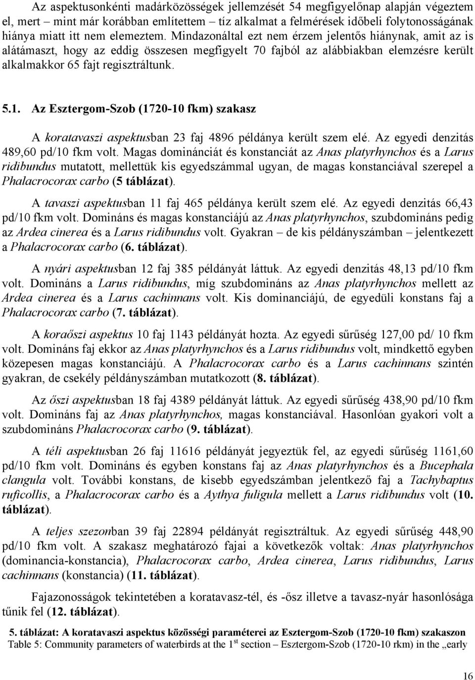 Az Esztergom-Szob (1720-10 fkm) szakasz A koratavaszi aspektusban 23 faj 4896 példánya került szem elé. Az egyedi denzitás 489,60 pd/10 fkm volt.