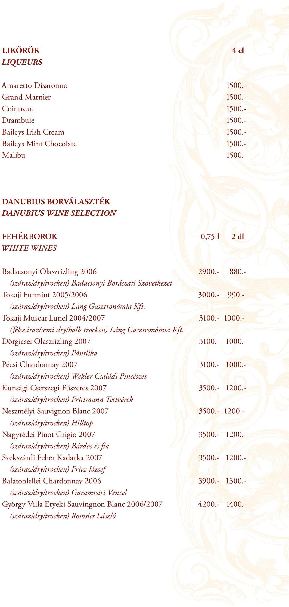 - (száraz/dry/trocken) Badacsonyi Borászati Szövetkezet Tokaji Furmint 2005/2006 3000.- 990.- (száraz/dry/trocken) Láng Gasztronómia Kft. Tokaji Muscat Lunel 2004/2007 3100.- 1000.