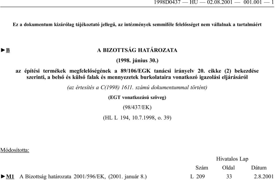 június 30.) az építési termékek megfelelőségének a 89/106/EGK tanácsi irányelv 20.