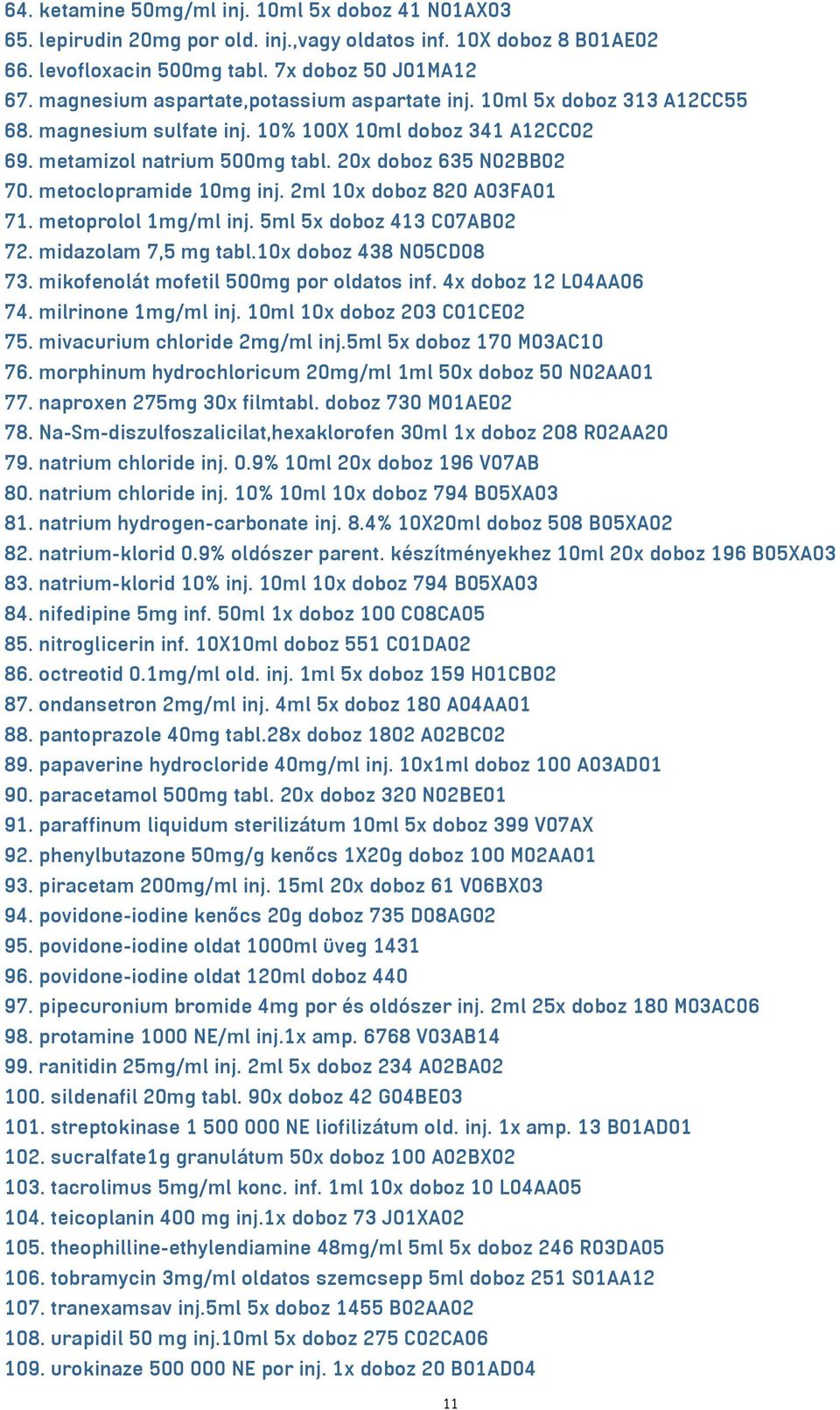 metoclopramide 10mg inj. 2ml 10x doboz 820 A03FA01 71. metoprolol 1mg/ml inj. 5ml 5x doboz 413 C07AB02 72. midazolam 7,5 mg tabl.10x doboz 438 N05CD08 73. mikofenolát mofetil 500mg por oldatos inf.