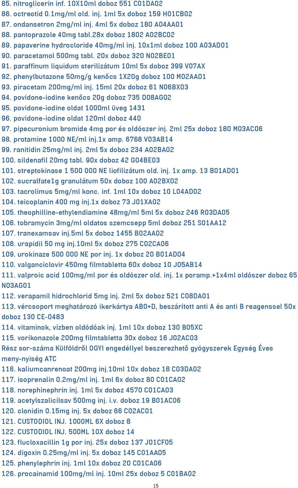 paraffinum liquidum sterilizátum 10ml 5x doboz 399 V07AX 92. phenylbutazone 50mg/g kenőcs 1X20g doboz 100 M02AA01 93. piracetam 200mg/ml inj. 15ml 20x doboz 61 N06BX03 94.