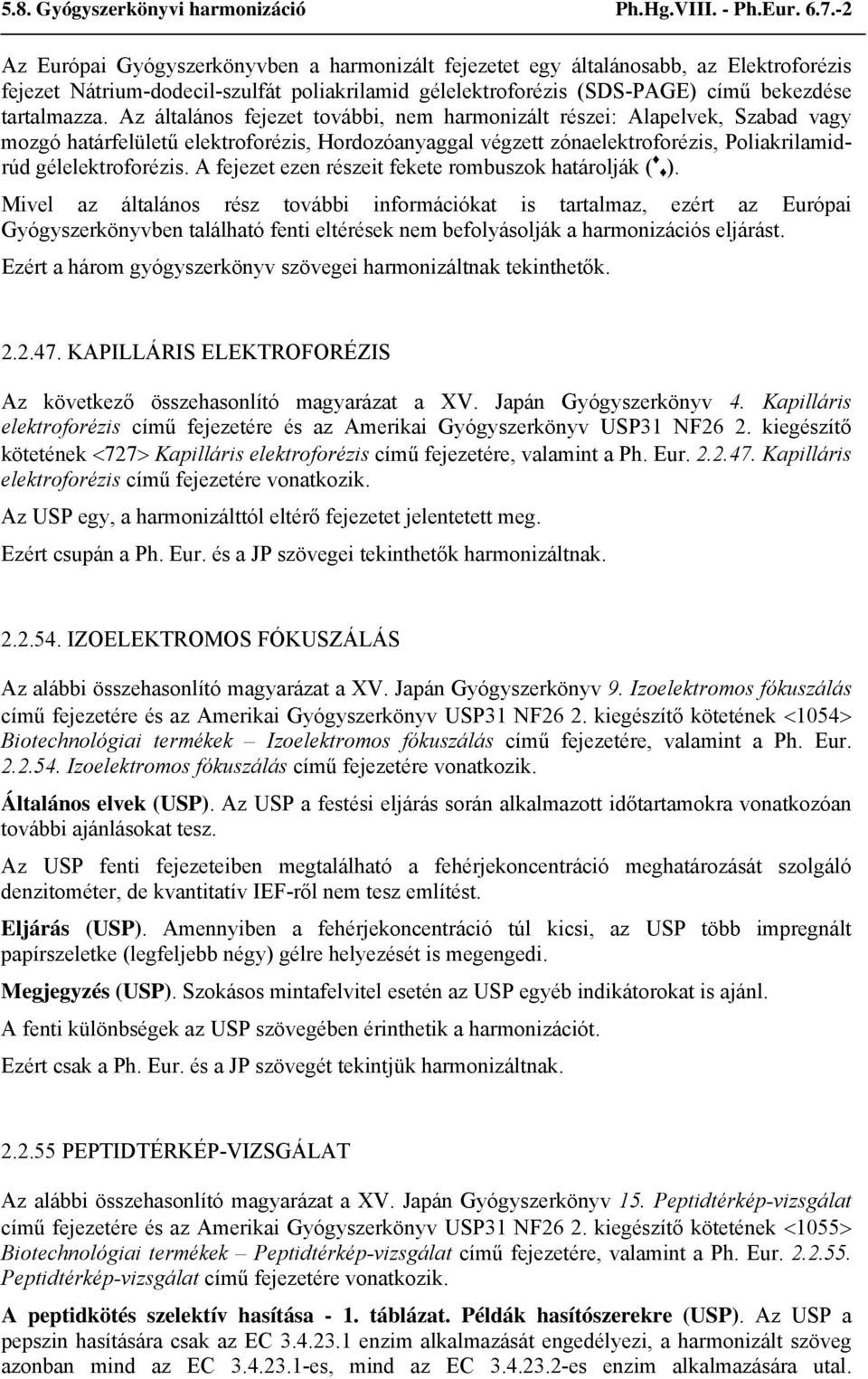 Az általános fejezet további, nem harmonizált részei: Alapelvek, Szabad vagy mozgó határfelületű elektroforézis, Hordozóanyaggal végzett zónaelektroforézis, Poliakrilamidrúd gélelektroforézis.