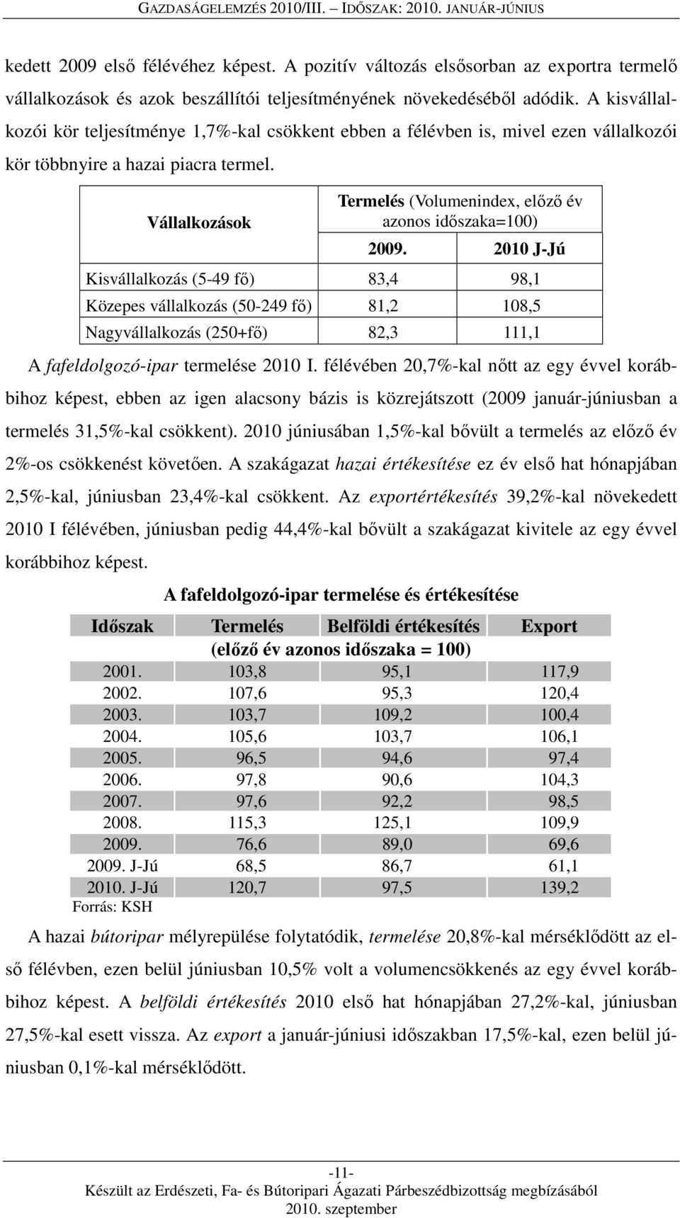 Vállalkozások Termelés (Volumenindex, előző év azonos időszaka=) 2009.