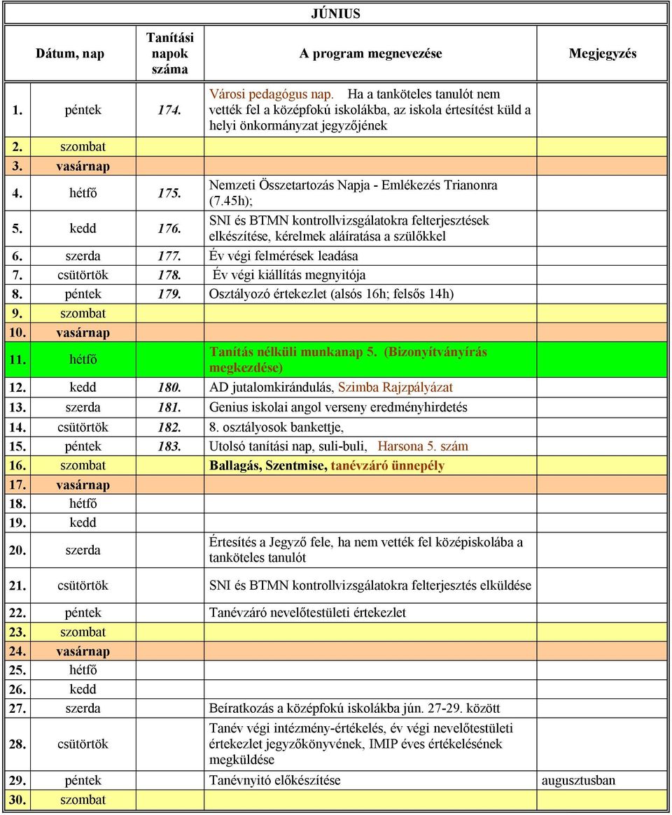 szerda 177. Év végi felmérések leadása 7. csütörtök 178. Év végi kiállítás megnyitója 8. péntek 179. Osztályozó értekezlet (alsós 16h; felsős 14h) 9. szombat 10. vasárnap 11.