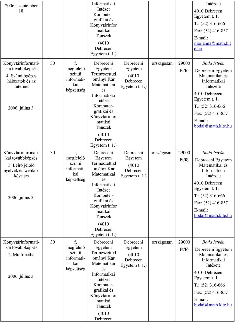 ) i (4010 t. 1.) országosan 29000 Boda István i Matematikai Informatikai e 4010 t. 1. T.: (52) 316-666 Fax: (52) 416-857 bodai@math.klte.hu informatikai továbbképz 3.