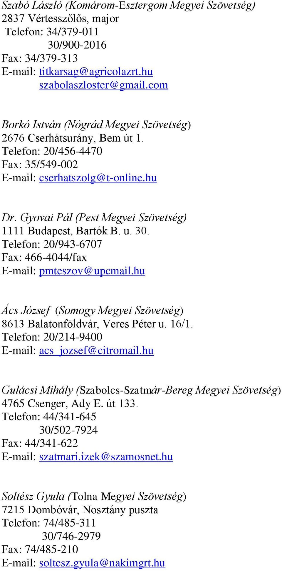 Gyovai Pál (Pest Megyei Szövetség) 1111 Budapest, Bartók B. u. 30. Telefon: 20/943-6707 Fax: 466-4044/fax E-mail: pmteszov@upcmail.