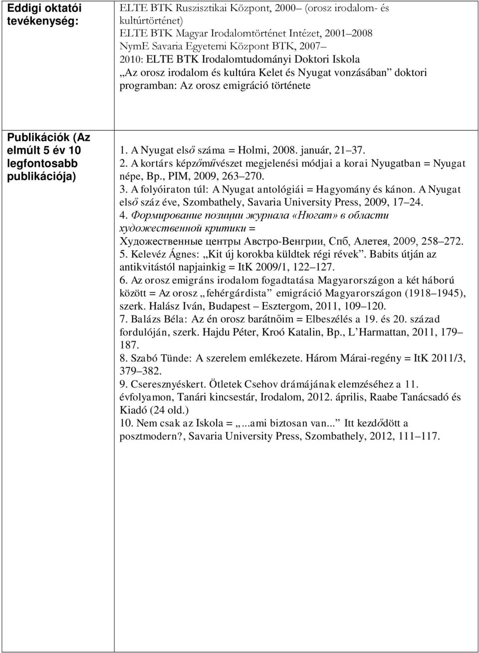 publikációja) 1. A Nyugat első száma = Holmi, 2008. január, 21 37. 2. A kortárs képzőművészet megjelenési módjai a korai Nyugatban = Nyugat népe, Bp., PIM, 2009, 263 270. 3. A folyóiraton túl: A Nyugat antológiái = Hagyomány és kánon.