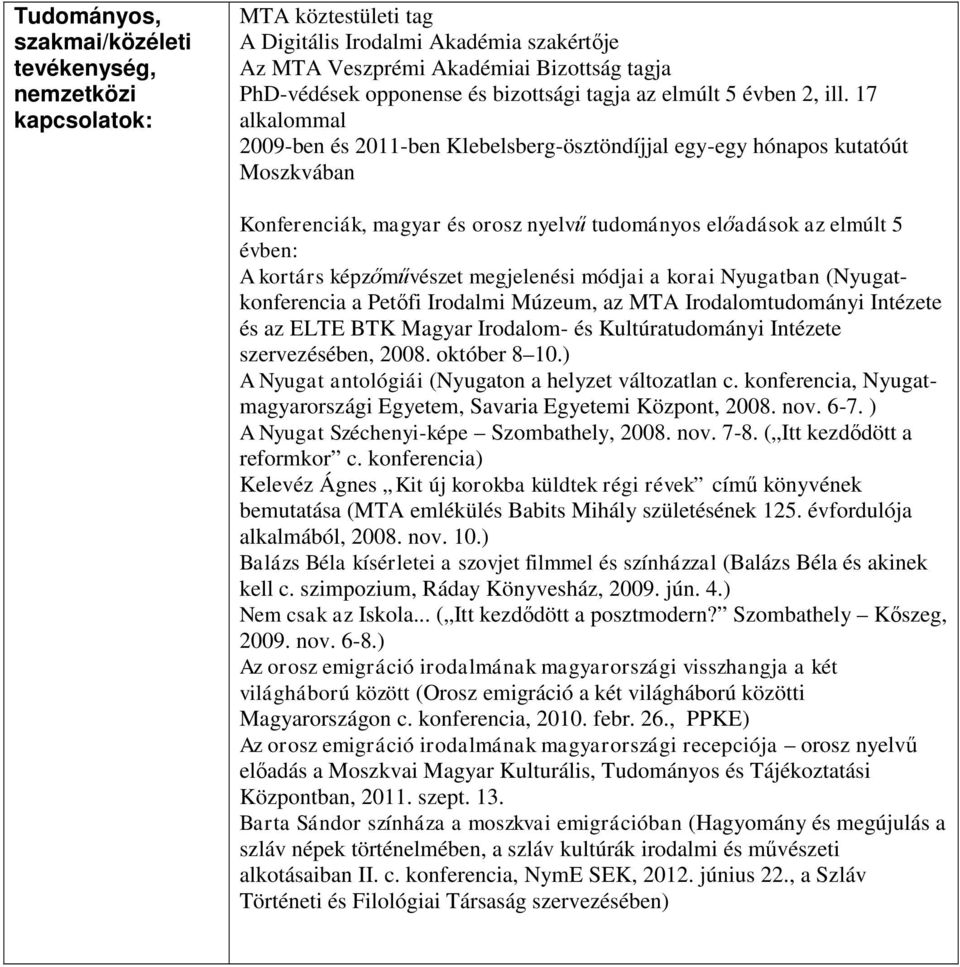 17 alkalommal 2009-ben és 2011-ben Klebelsberg-ösztöndíjjal egy-egy hónapos kutatóút Moszkvában Konferenciák, magyar és orosz nyelvű tudományos előadások az elmúlt 5 évben: A kortárs képzőművészet