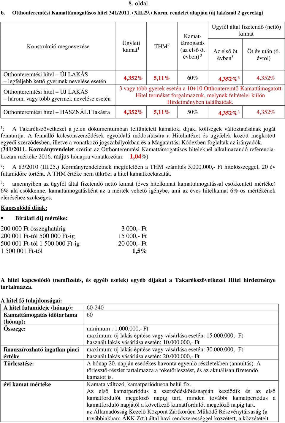 évtől) Otthonteremtési hitel ÚJ LAKÁS legfeljebb kettő gyermek nevelése esetén Otthonteremtési hitel ÚJ LAKÁS három, vagy több gyermek nevelése esetén 4,352% 5,11% 60% Otthonteremtési hitel HASZNÁLT