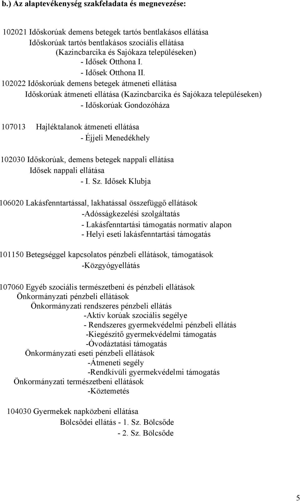 102022 Időskorúak demens betegek átmeneti ellátása Időskorúak átmeneti ellátása (Kazincbarcika és Sajókaza településeken) - Időskorúak Gondozóháza 107013 Hajléktalanok átmeneti ellátása - Éjjeli