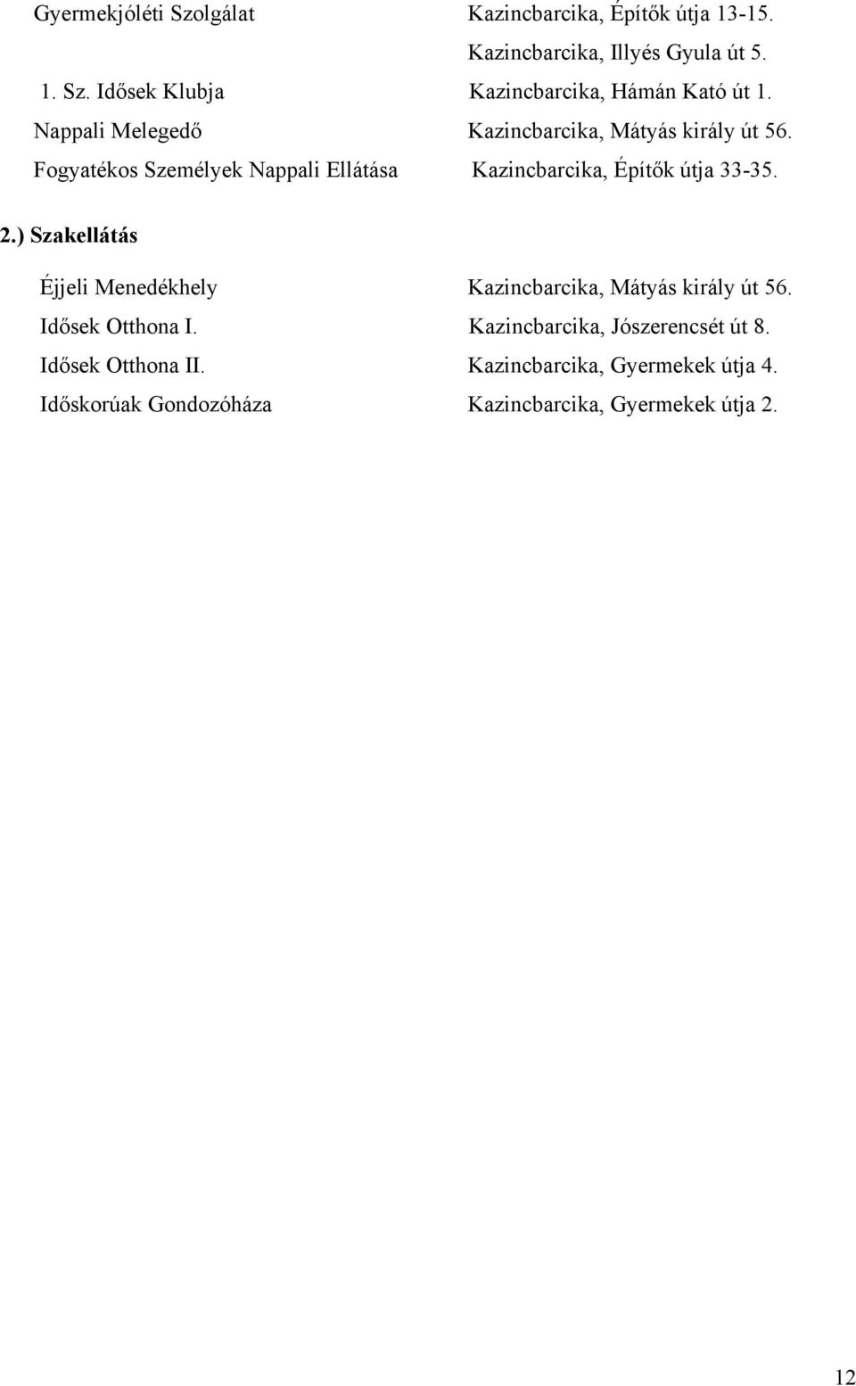 2.) Szakellátás Éjjeli Menedékhely Kazincbarcika, Mátyás király út 56. Idősek Otthona I. Kazincbarcika, Jószerencsét út 8.