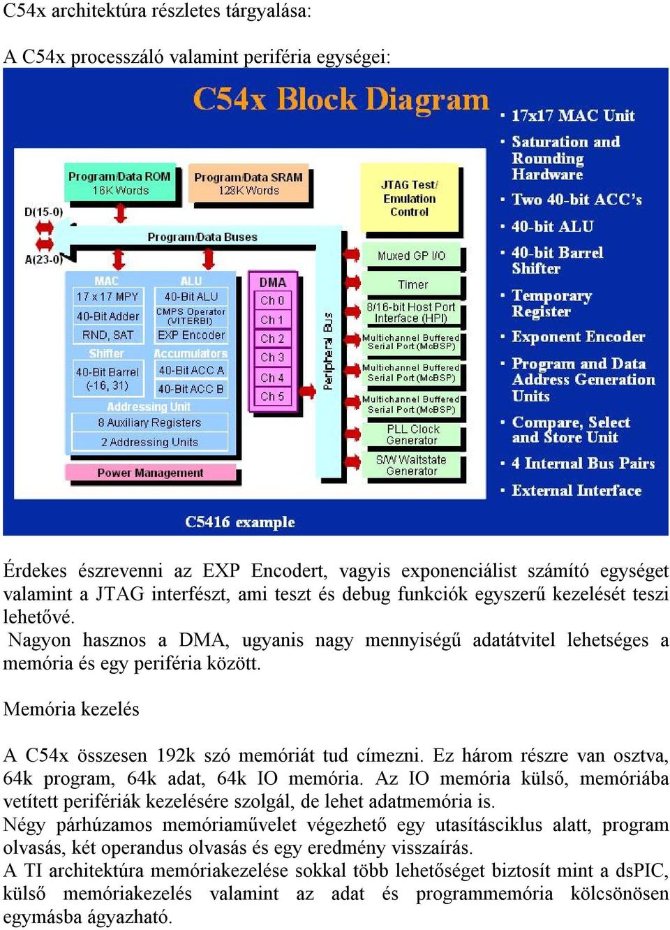 Memória kezelés A C54x összesen 192k szó memóriát tud címezni. Ez három részre van osztva, 64k program, 64k adat, 64k IO memória.