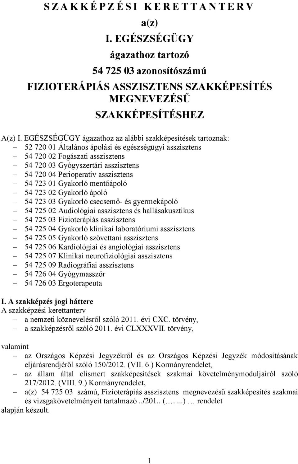 Perioperatív asszisztens 54 723 01 Gyakorló mentőápoló 54 723 02 Gyakorló ápoló 54 723 03 Gyakorló csecsemő- és gyermekápoló 54 725 02 Audiológiai asszisztens és hallásakusztikus 54 725 03