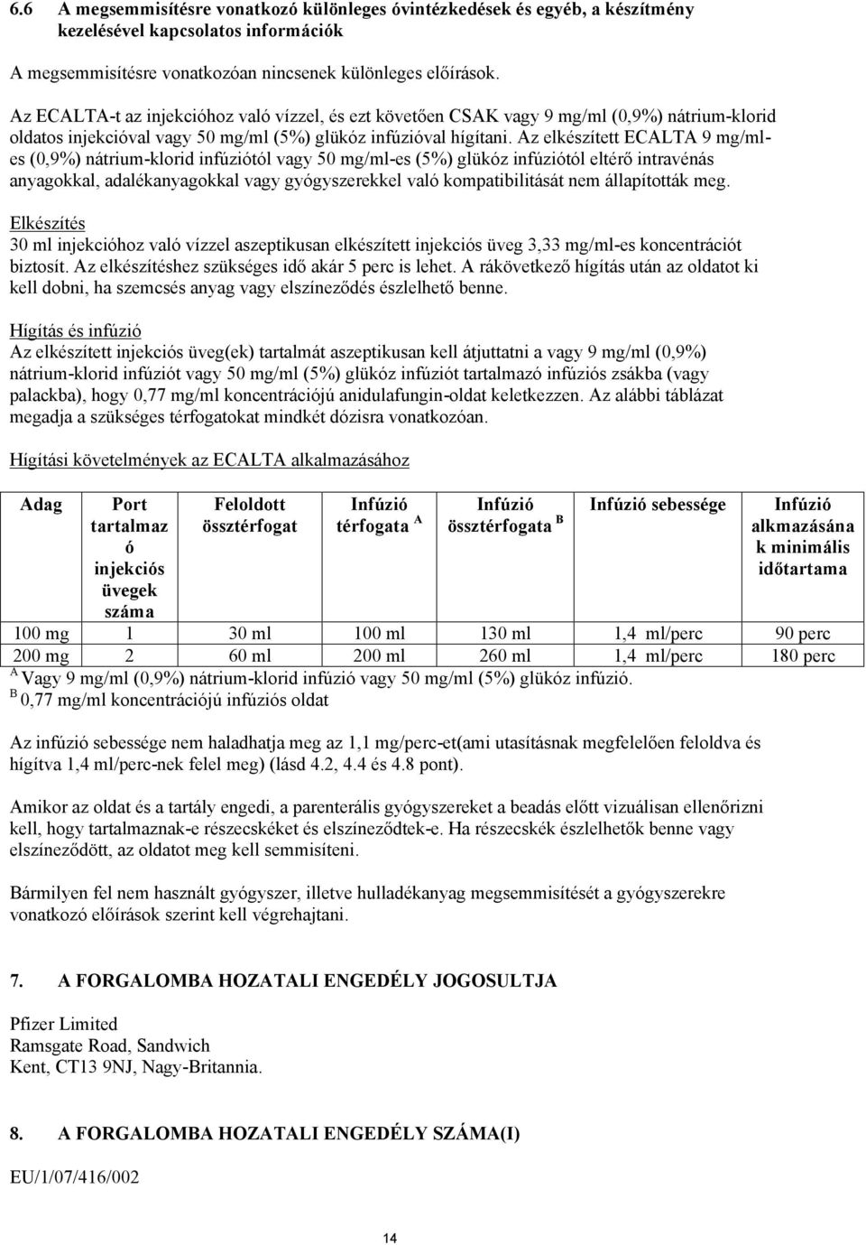 Az elkészített ECALTA 9 mg/mles (0,9%) nátrium-klorid infúziótól vagy 50 mg/ml-es (5%) glükóz infúziótól eltérő intravénás anyagokkal, adalékanyagokkal vagy gyógyszerekkel való kompatibilitását nem