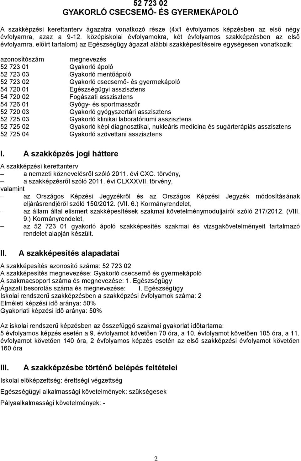 Gyakorló ápoló 52 723 03 Gyakorló mentőápoló 52 723 02 Gyakorló csecsemő- és gyermekápoló 54 720 01 Egészségügyi asszisztens 54 720 02 Fogászati asszisztens 54 726 01 Gyógy- és sportmasszőr 52 720 03