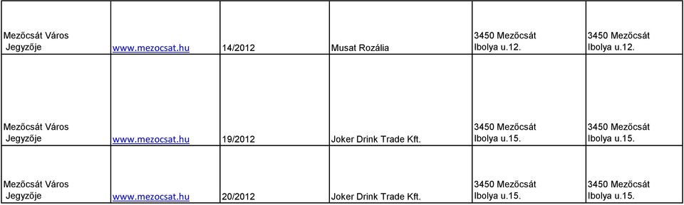 hu 19/2012 Joker Drink Trade Kft. Ibolya u.15.