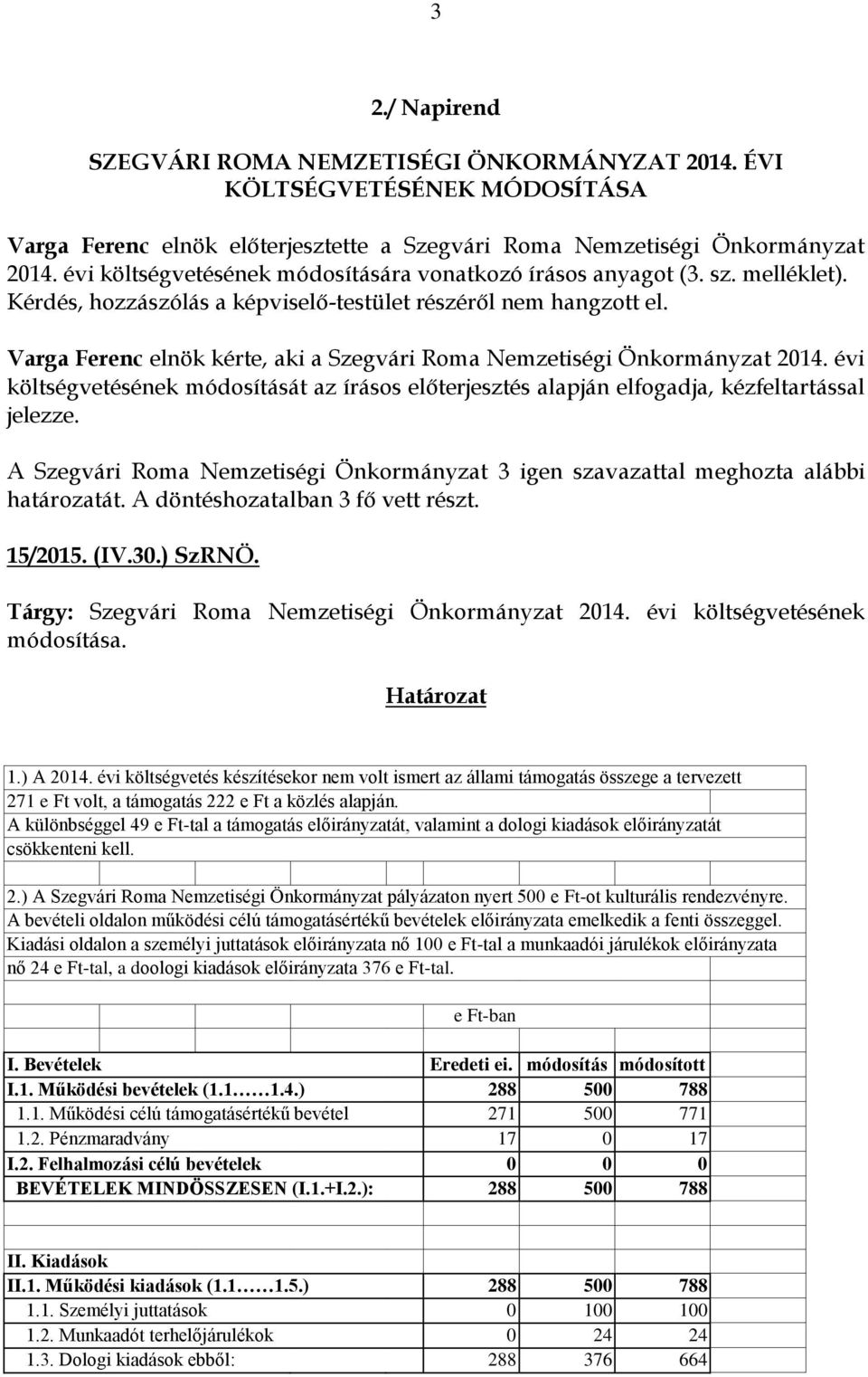 Varga Ferenc elnök kérte, aki a Szegvári Roma Nemzetiségi Önkormányzat 2014. évi költségvetésének módosítását az írásos előterjesztés alapján elfogadja, kézfeltartással jelezze. 15/2015. (IV.30.