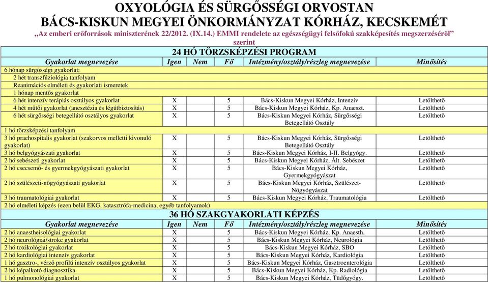 transzfúziológia tanfolyam Reanimációs elméleti és gyakorlati ismeretek 1 hónap mentős gyakorlat 6 hét intenzív terápiás osztályos gyakorlat X 5 Bács-Kiskun Megyei Kórház, Intenzív 4 hét műtői