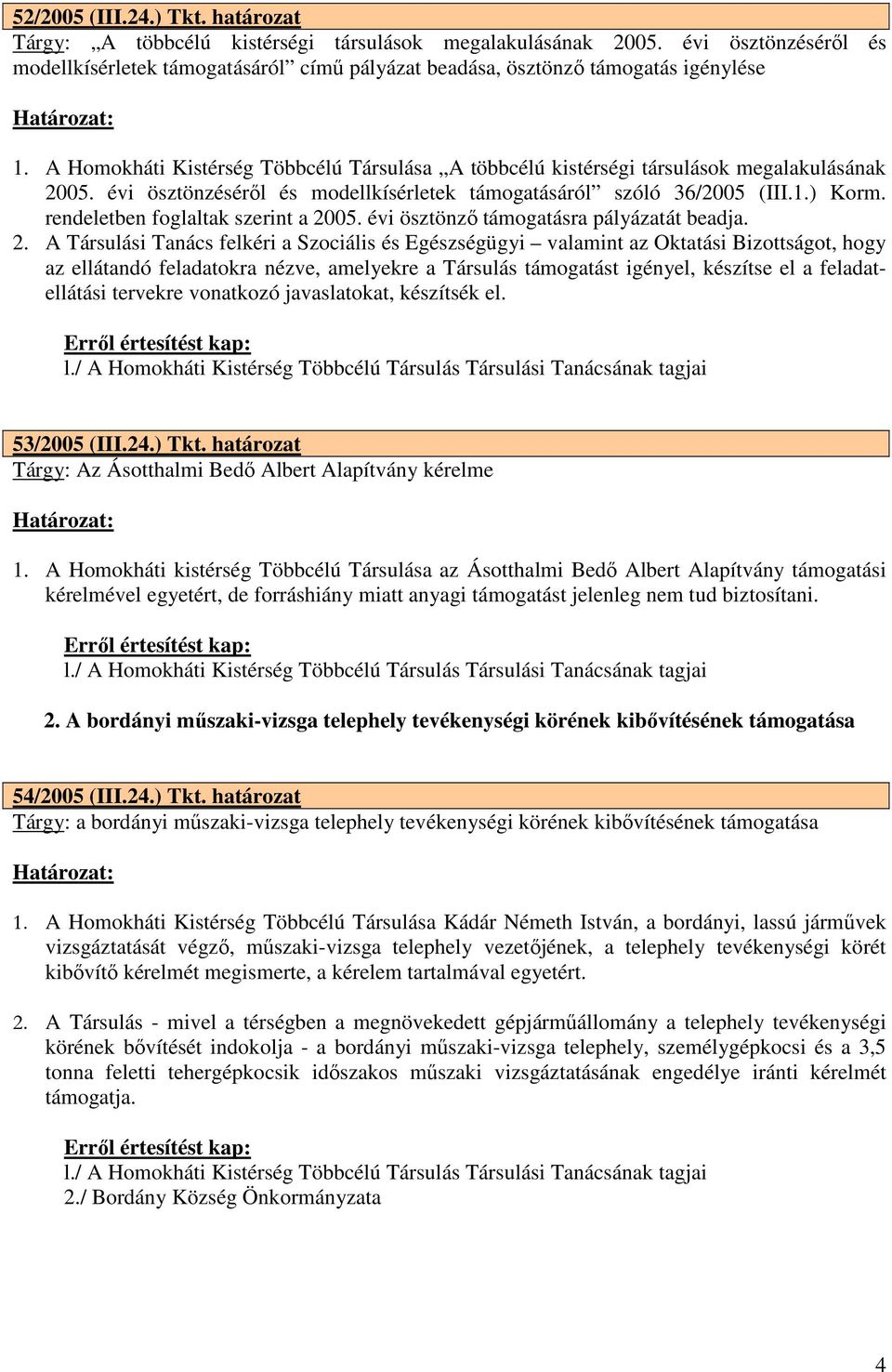 A Homokháti Kistérség Többcélú Társulása A többcélú kistérségi társulások megalakulásának 2005. évi ösztönzésérıl és modellkísérletek támogatásáról szóló 36/2005 (III.1.) Korm.