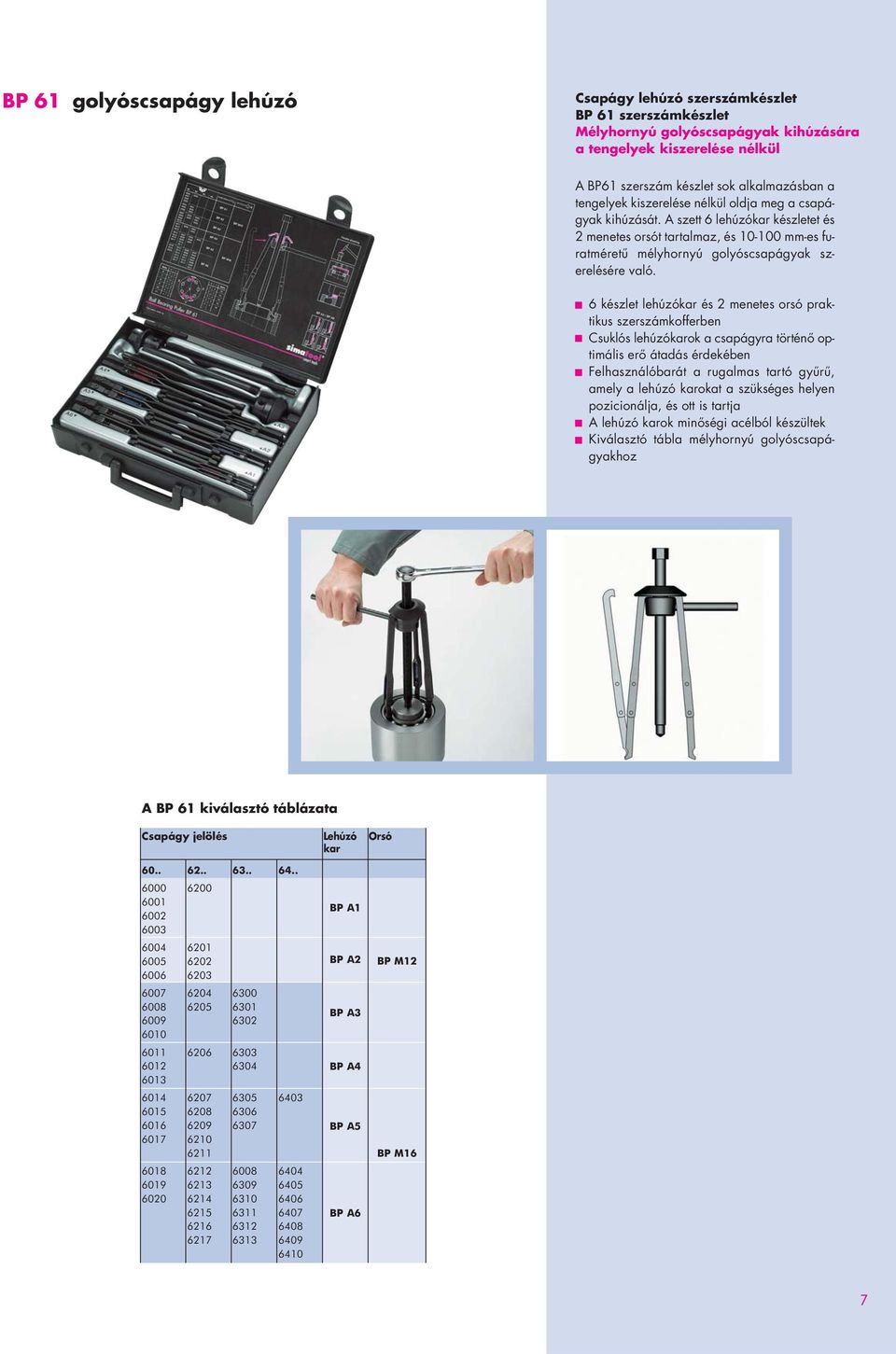 6 készlet lehúzókar és 2 menetes orsó praktikus szerszámkofferben Csuklós lehúzókarok a csapágyra történô optimális erô átadás érdekében Felhasználóbarát a rugalmas tartó gyûrû, amely a lehúzó