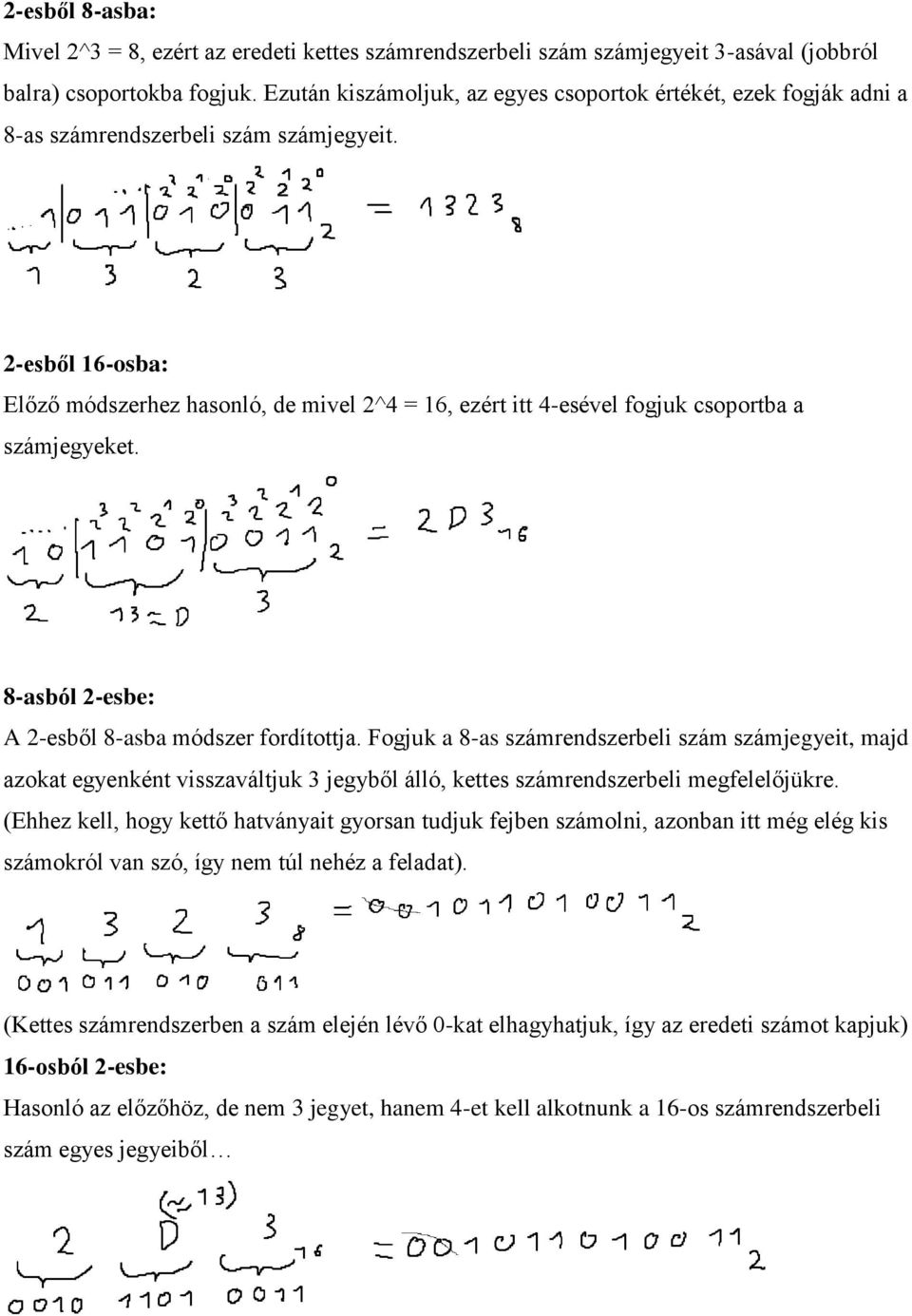 2-esből 16-osba: Előző módszerhez hasonló, de mivel 2^4 = 16, ezért itt 4-esével fogjuk csoportba a számjegyeket. 8-asból 2-esbe: A 2-esből 8-asba módszer fordítottja.