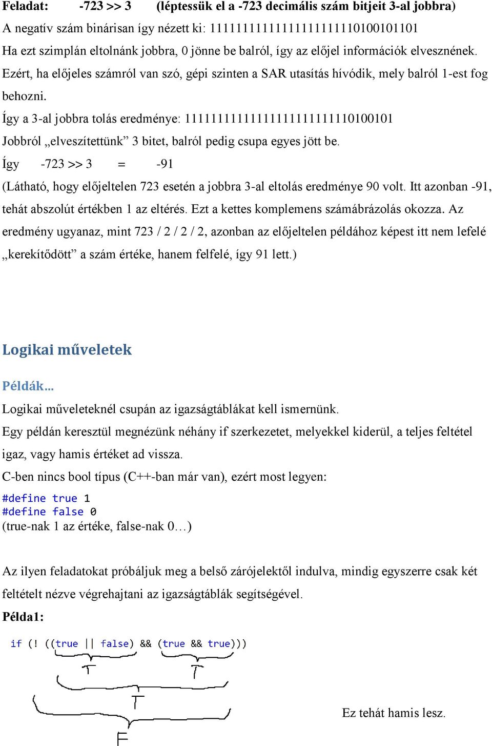 Így a 3-al jobbra tolás eredménye: 11111111111111111111111110100101 Jobbról elveszítettünk 3 bitet, balról pedig csupa egyes jött be.