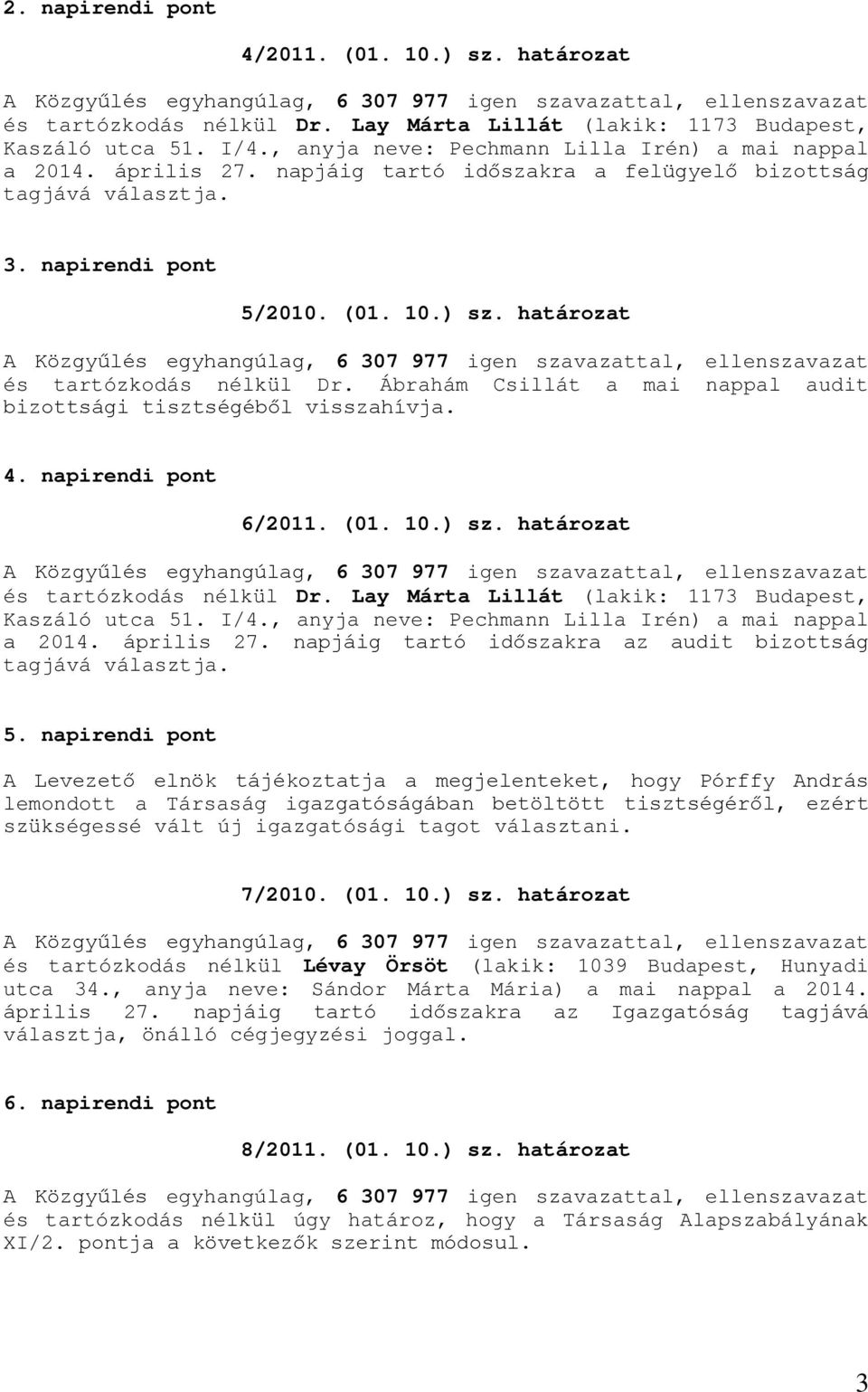 Ábrahám Csillát a mai nappal audit bizottsági tisztségéből visszahívja. 4. napirendi pont 6/2011. (01. 10.) sz. határozat és tartózkodás nélkül Dr.