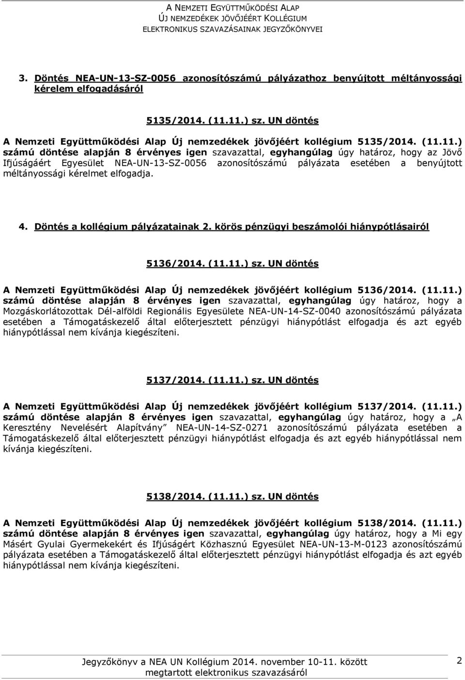 11.) számú döntése alapján 8 érvényes igen szavazattal, egyhangúlag úgy határoz, hogy az Jövő Ifjúságáért Egyesület NEA-UN-13-SZ-0056 azonosítószámú pályázata esetében a benyújtott méltányossági