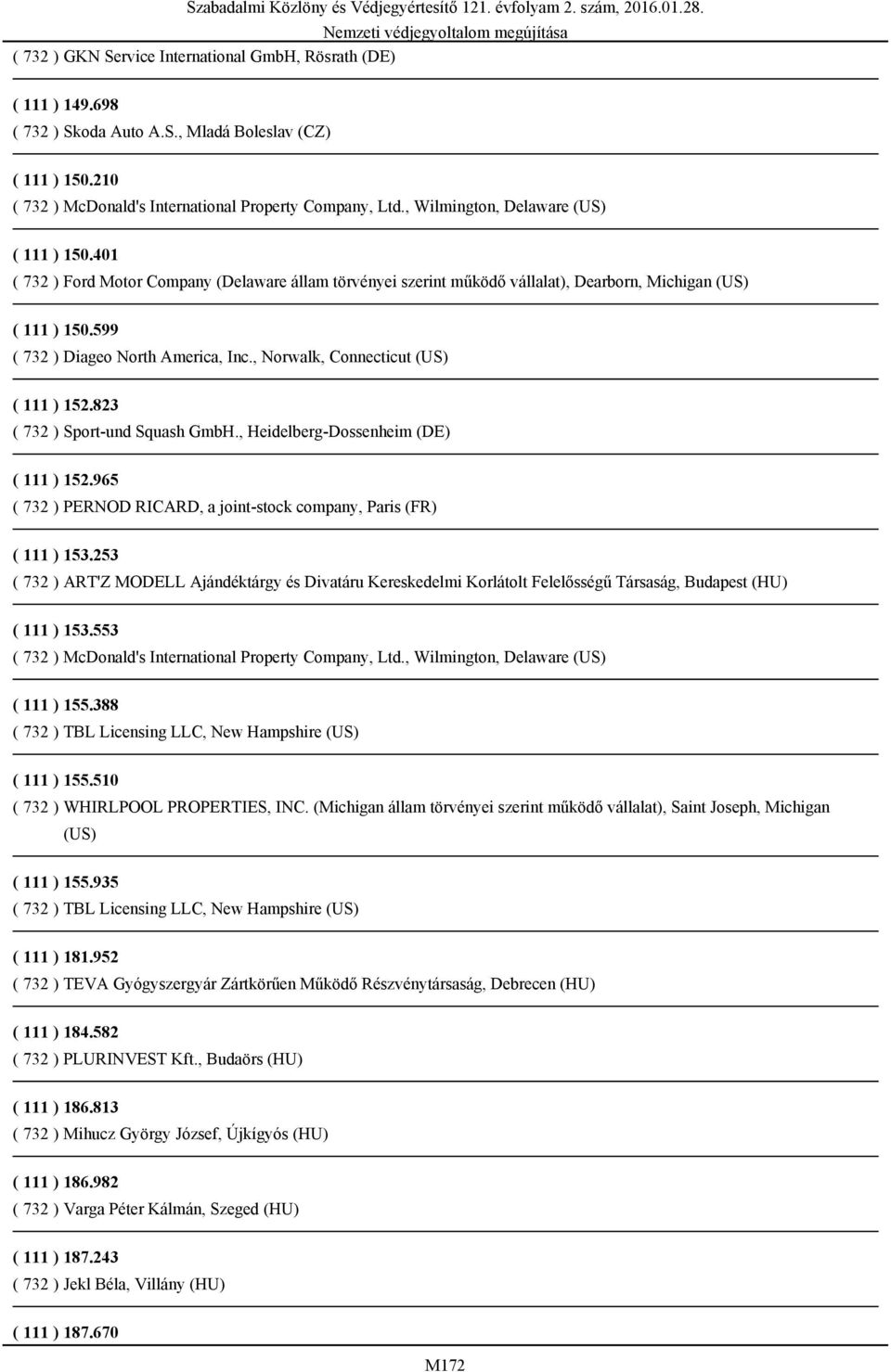 , Norwalk, Connecticut ( 111 ) 152.823 ( 732 ) Sport-und Squash GmbH., Heidelberg-Dossenheim (DE) ( 111 ) 152.965 ( 732 ) PERNOD RICARD, a joint-stock company, Paris (FR) ( 111 ) 153.