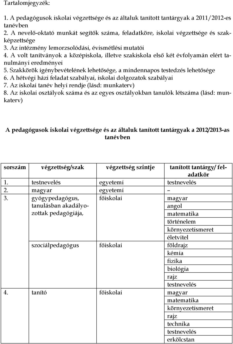 A volt tanítványok a középiskola, illetve szakiskola első két évfolyamán elért tanulmányi eredményei 5. Szakkörök igénybevétel lehetősége, a mindennapos testedzés lehetősége 6.