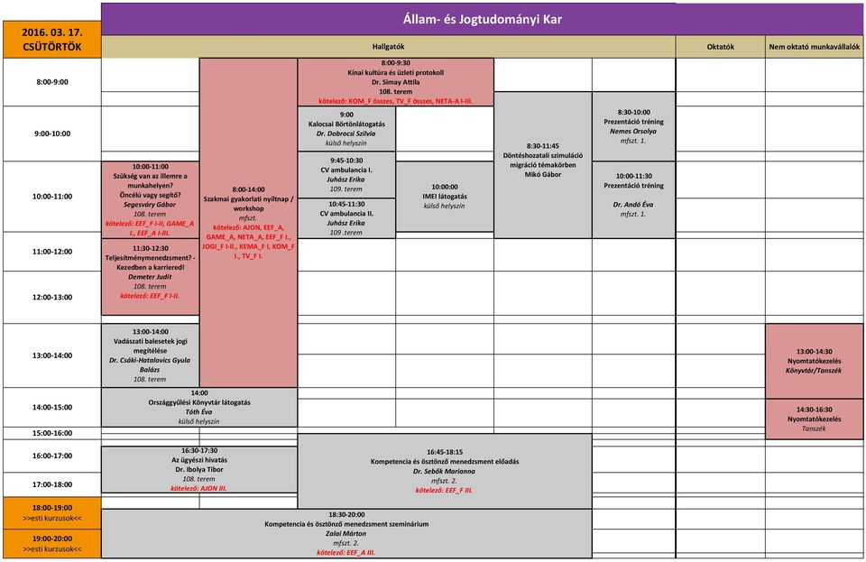 kötelező: AJON, EEF_A, GAME_A, NETA_A, EEF_F I., JOGI_F I II., KEMA_F I, KOM_F I., TV_F I. 8:00 9:30 Kínai kultúra és üzleti protokoll Dr. Simay Attila 108.