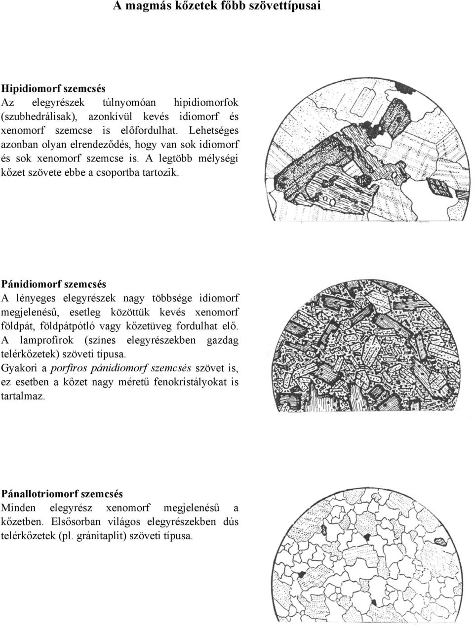 Pánidiomorf szemcsés A lényeges elegyrészek nagy többsége idiomorf megjelenésű, esetleg közöttük kevés xenomorf földpát, földpátpótló vagy kőzetüveg fordulhat elő.