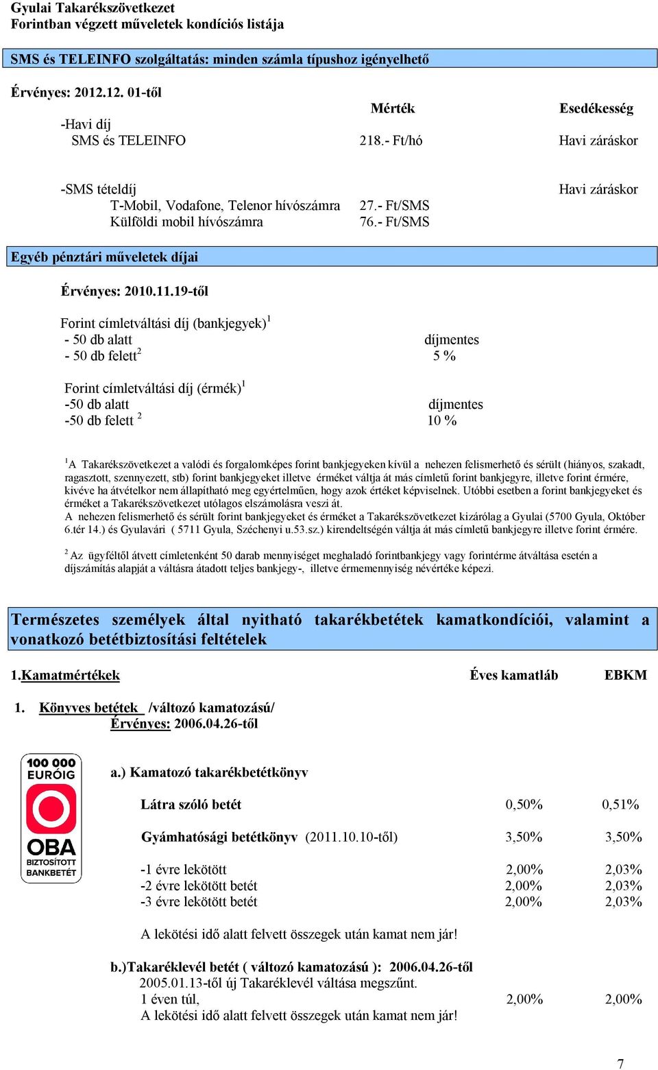 - Ft/SMS Havi záráskor Forint címletváltási díj (bankjegyek) 1-50 db alatt díjmentes - 50 db felett 2 5 % Forint címletváltási díj (érmék) 1-50 db alatt díjmentes -50 db felett 2 10 % 1 A