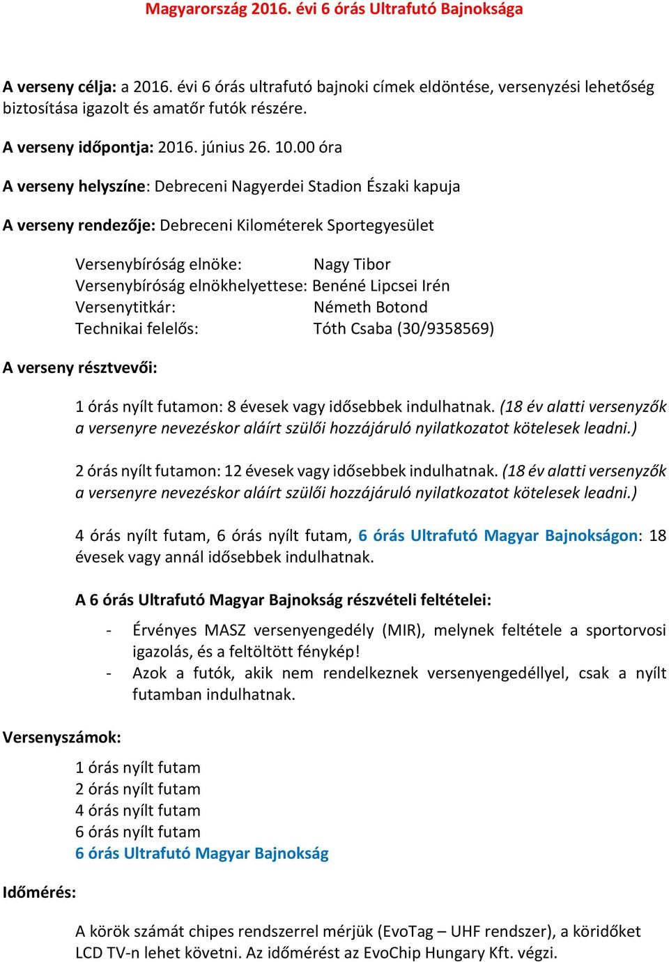 00 óra A verseny helyszíne: Debreceni Nagyerdei Stadion Északi kapuja A verseny rendezője: Debreceni Kilométerek Sportegyesület Versenybíróság elnöke: Nagy Tibor Versenybíróság elnökhelyettese: