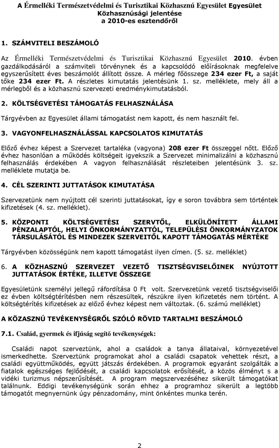 évben gazdálkodásáról a számviteli törvénynek és a kapcsolódó előírásoknak megfelelve egyszerűsített éves beszámolót állított össze. A mérleg főösszege 234 ezer Ft, a saját tőke 234 ezer Ft.