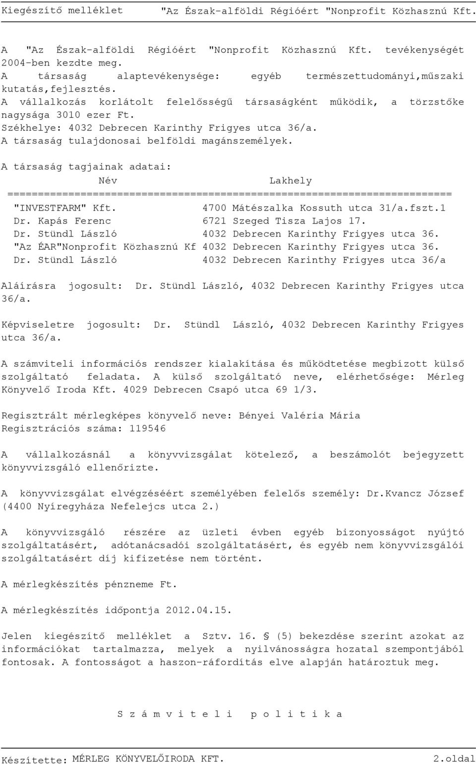 A társaság tagjainak adatai: Név Lakhely ========= "INVESTFARM" Kft. 4700 Mátészalka Kossuth utca 31/a.fszt.1 Dr. Kapás Ferenc 6721 Szeged Tisza Lajos 17. Dr. Stündl László 4032 Debrecen Karinthy Frigyes utca 36.