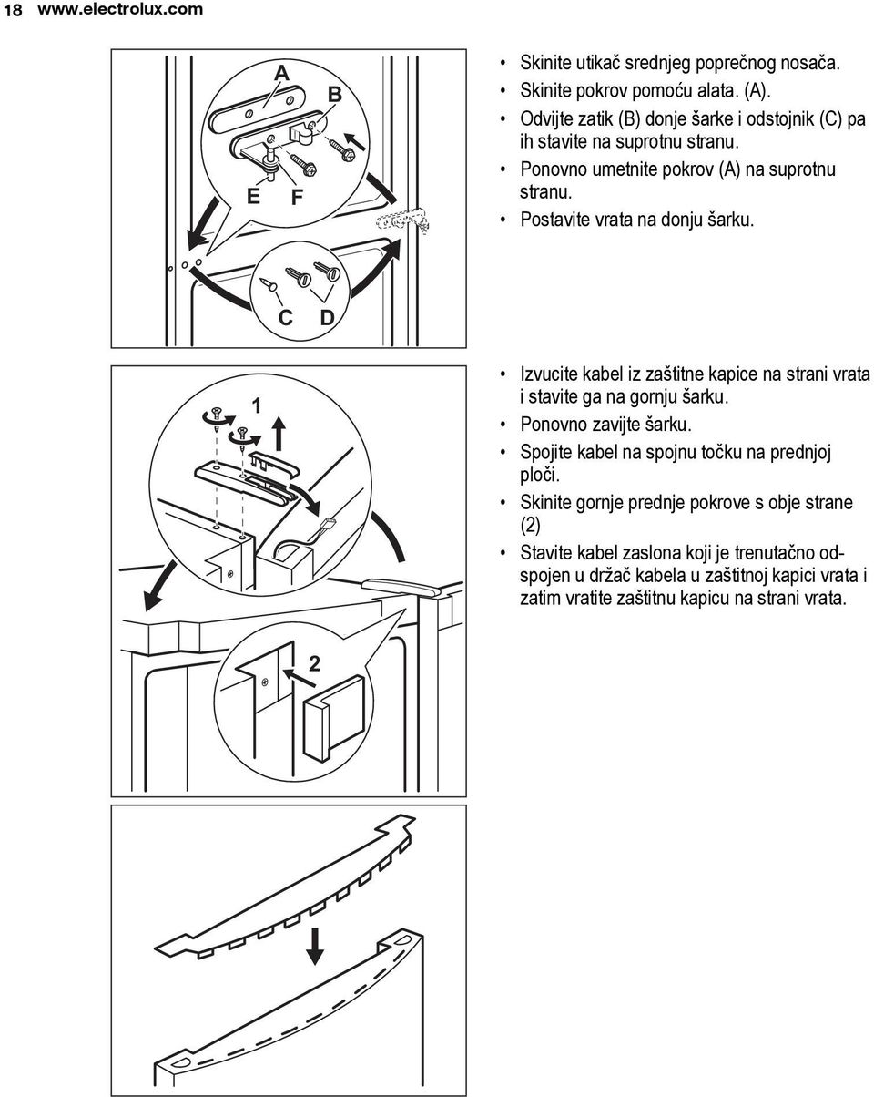 Postavite vrata na donju šarku. 1 C D Izvucite kabel iz zaštitne kapice na strani vrata i stavite ga na gornju šarku. Ponovno zavijte šarku.