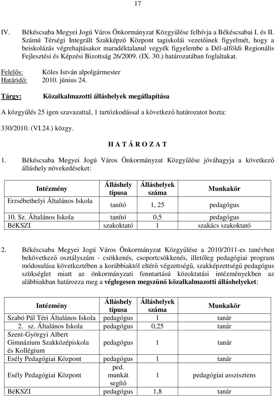 Bizottság 26/2009. (IX. 30.) határozatában foglaltakat. Felelıs: Köles István alpolgármester Határidı: 2010. június 24.