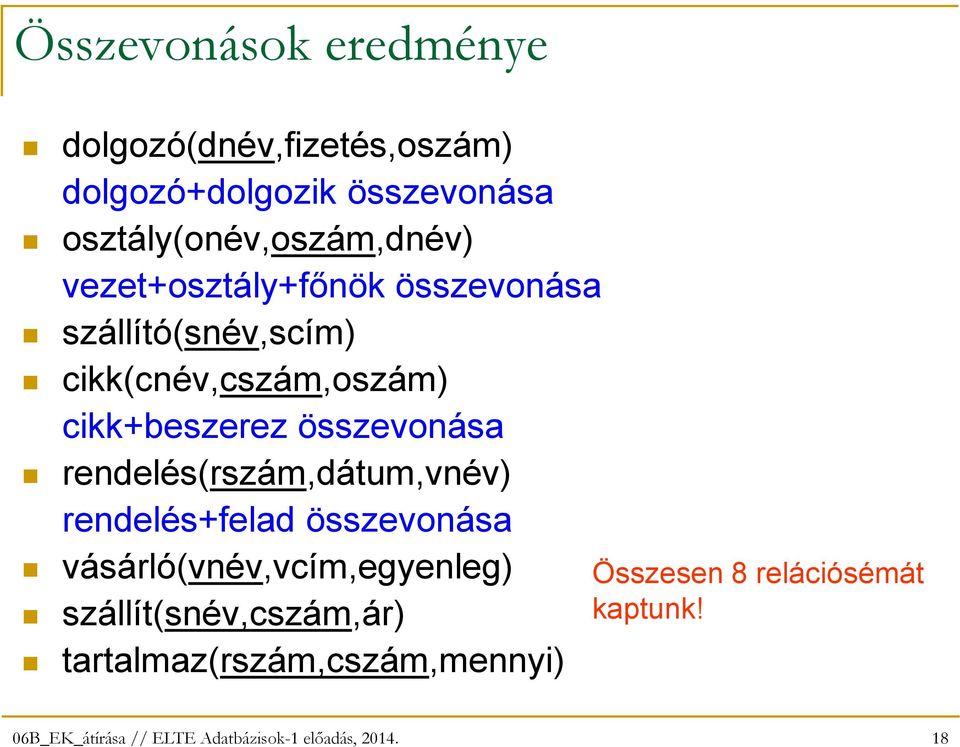 cikk(cnév,cszám,oszám) cikk+beszerez összevonása rendelés(rszám,dátum,vnév) rendelés+felad