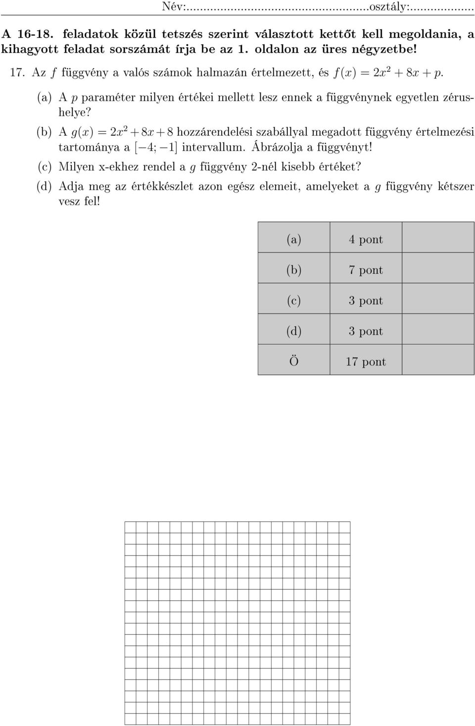 (b) A g(x) = 2x 2 + 8x + 8 hozzárendelési szabállyal megadott függvény értelmezési tartománya a [ 4; 1] intervallum. Ábrázolja a függvényt!