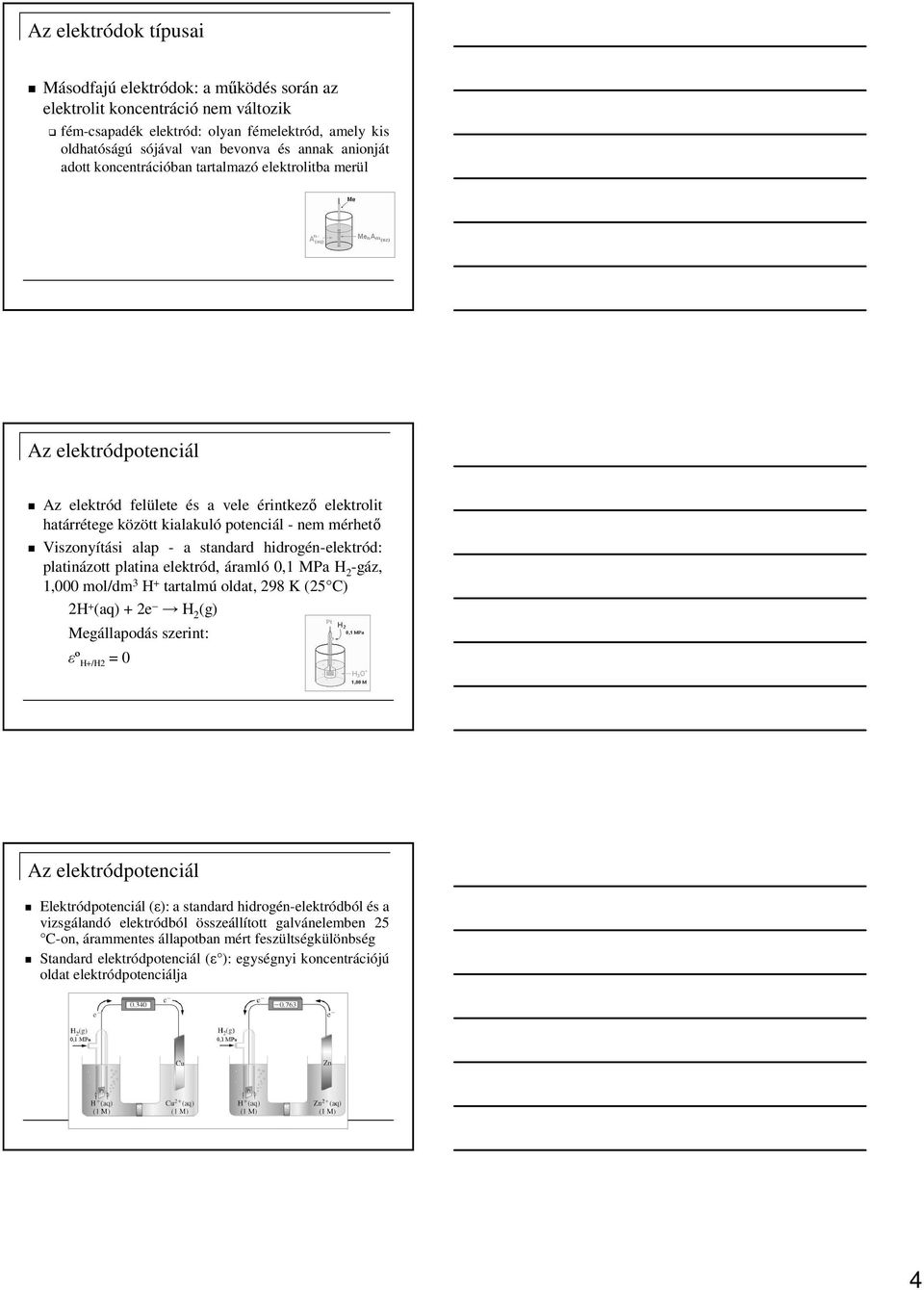 alap - a standard hidrogén-elektród: platinázott platina elektród, áramló 0,1 MPa H 2 -gáz, 1,000 mol/dm 3 H + tartalmú oldat, 298 K (25 C) 2H + (aq) + 2e H 2 (g) Megállapodás szerint: εº H+/H2 = 0