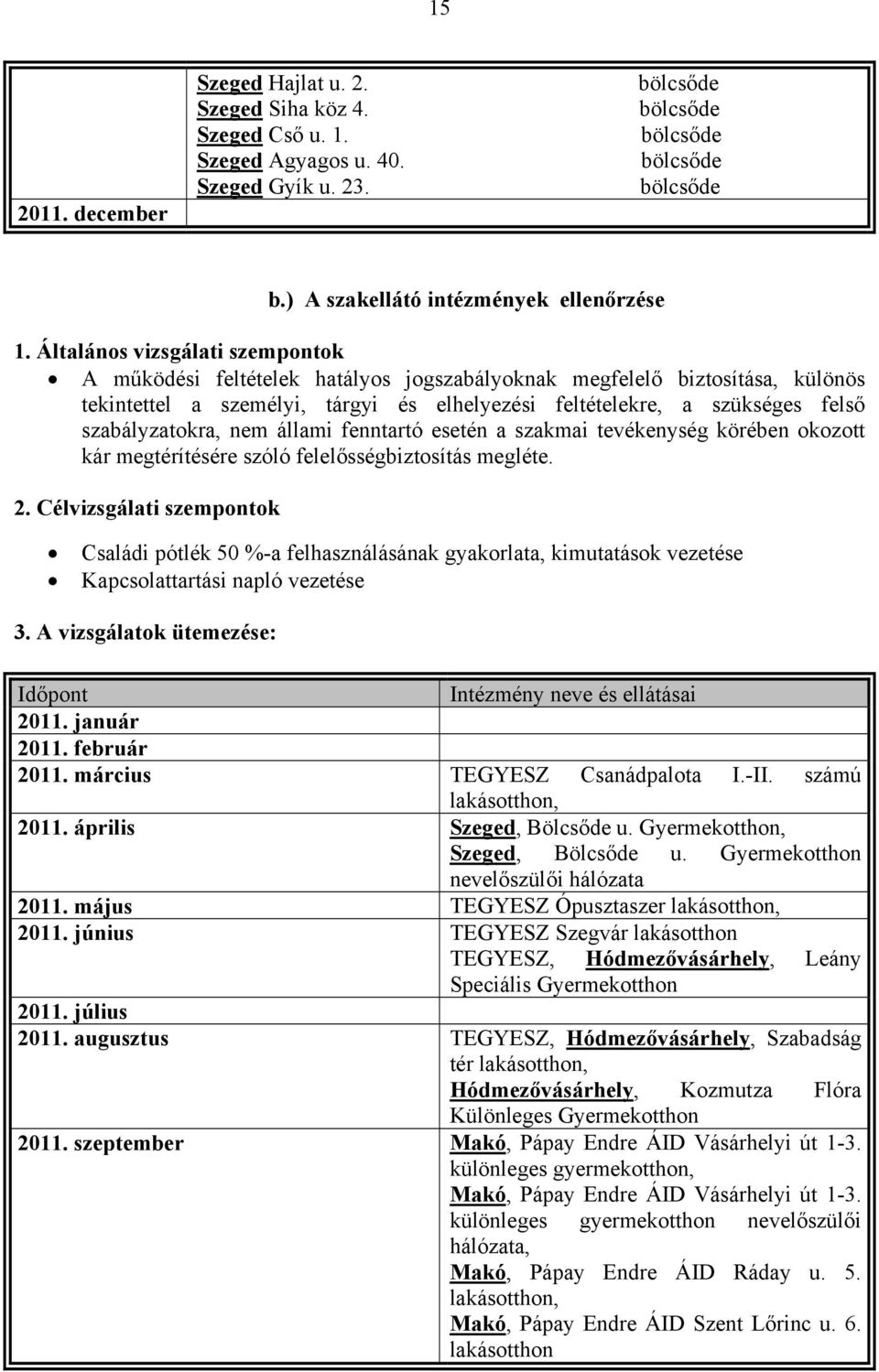 Általános vizsgálati szempontok A működési feltételek hatályos jogszabályoknak megfelelő biztosítása, különös tekintettel a személyi, tárgyi és elhelyezési feltételekre, a szükséges felső