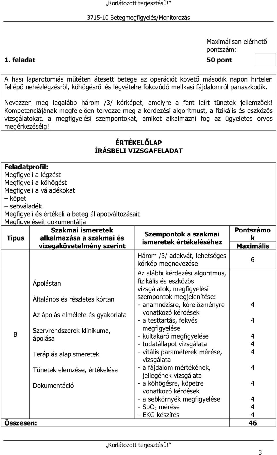 Kompetenciájának megfelelően tervezze meg a kérdezési algoritmust, a fizikális és eszközös vizsgálatokat, a megfigyelési szempontokat, amiket alkalmazni fog az ügyeletes orvos megérkezéséig!