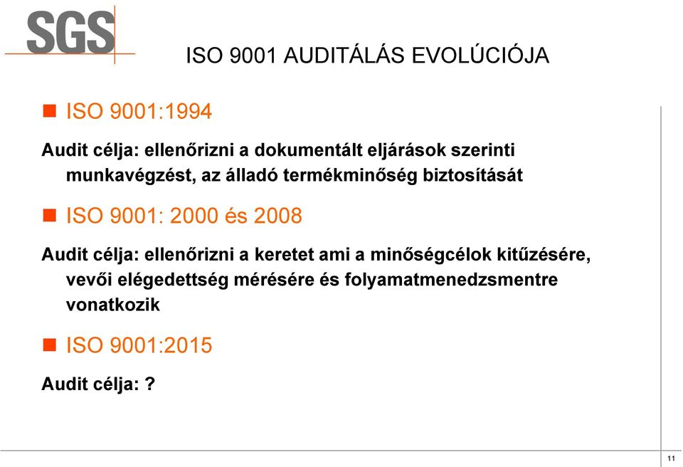 2000 és 2008 Audit célja: ellenőrizni a keretet ami a minőségcélok kitűzésére,