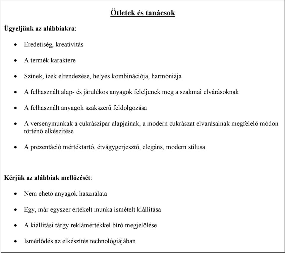 cukrászat elvárásainak megfelelő módon történő elkészítése A prezentáció mértéktartó, étvágygerjesztő, elegáns, modern stílusa Kérjük az alábbiak mellőzését: Nem