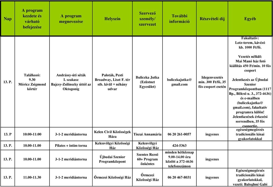 com Idegenvezetés min. 300 Ft/fő, 35 fős csoport esetén Tiszai Annamária 06 20 261-0057 Szentes Rezső 424-5363 06 20 467-8031 Vezetés nélkül: Mai Manó ház fotó kiállítás 450 Ft/min.