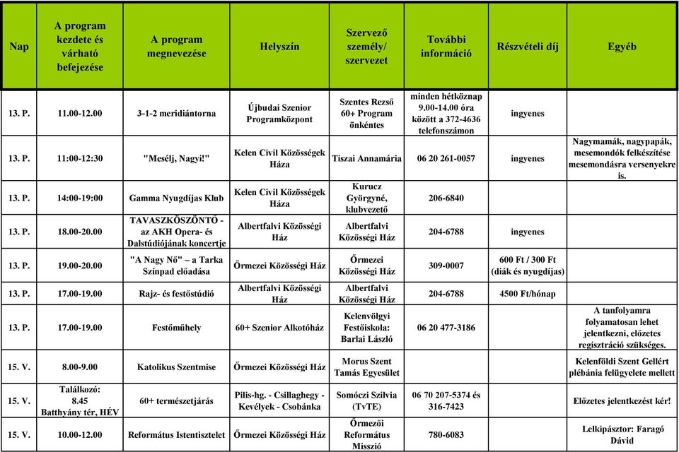 V. 8.00-9.00 Katolikus Szentmise 15. V. 8.45 Batthyány tér, HÉV 60+ természetjárás Pilis-hg. - Csillaghegy - Kevélyek - Csobánka 15. V. 10.00-12.