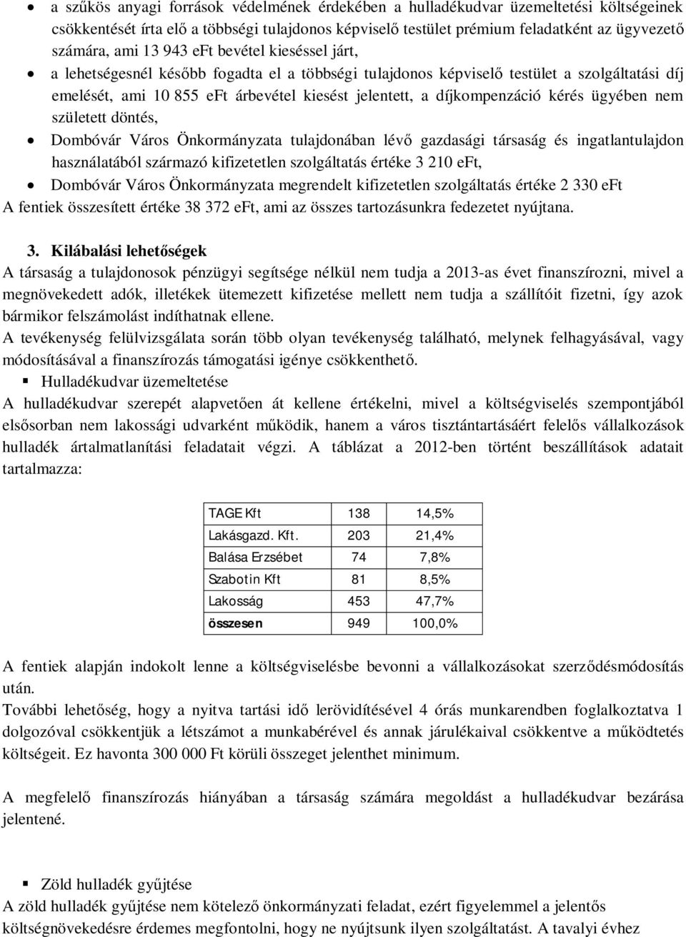 kérés ügyében nem született döntés, Dombóvár Város Önkormányzata tulajdonában lévő gazdasági társaság és ingatlantulajdon használatából származó kifizetetlen szolgáltatás értéke 3 210 eft, Dombóvár