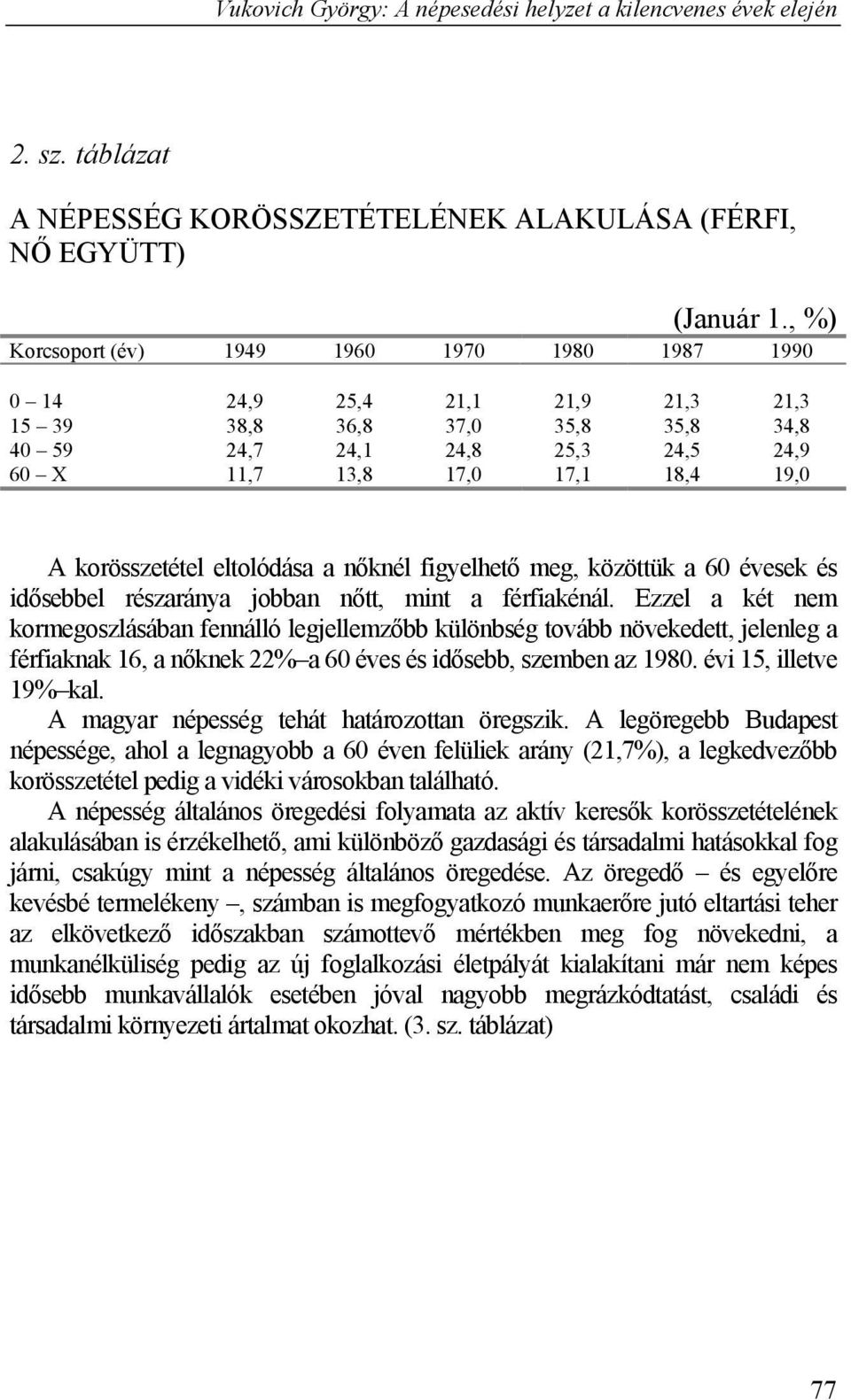 korösszetétel eltolódása a nőknél figyelhető meg, közöttük a 60 évesek és idősebbel részaránya jobban nőtt, mint a férfiakénál.